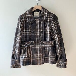 URBAN BEHAVIOR Brown Plaid Double Breasted Short Peacoat
